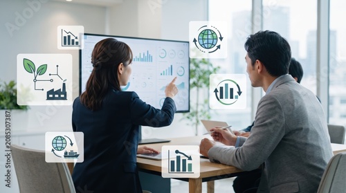 Diverse business team discussing sustainability and green energy strategies in modern meeting room, pointing at charts showing eco-friendly growth, renewable resources