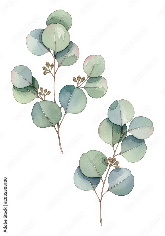 Obraz premium Watercolor Eucalyptus Branches with Round Green Leaves and Seed Pods Isolated on White Background for Wedding Stationery Design