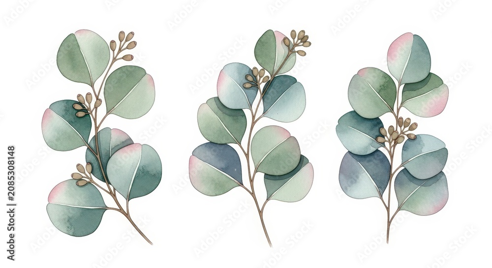 Obraz premium Watercolor Eucalyptus Branches with Silver Dollar Leaves and Seed Pods Illustration Set on White Background