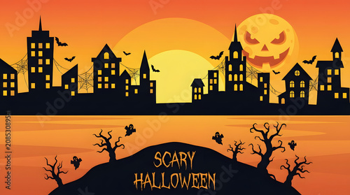 Halloween city silhouette with jack-o'-lantern moon isolated on a transparent background