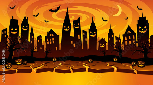 Spooky halloween cityscape with jack-o'-lanterns isolated on a transparent background