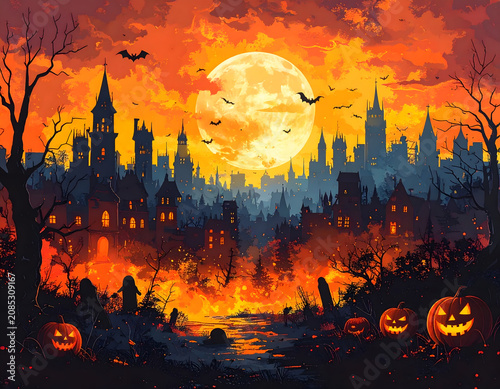 Halloween spooky castle with full moon and pumpkins isolated on a transparent background
