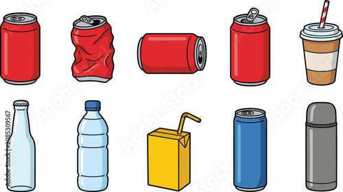 Cuadro en lienzo vector set of various beverage containers including aluminum cans plastic bottle