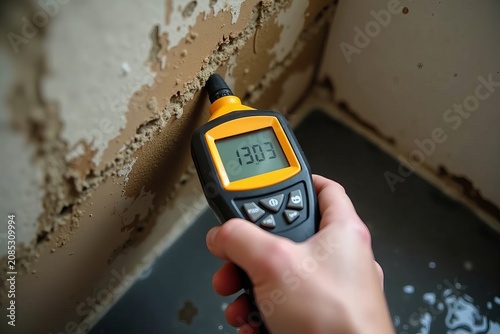 Close-Up of a Moisture Meter in Action on a Damp Basement Wall with Visible Water Damage, Showcasing the Contrast of Modern Technology