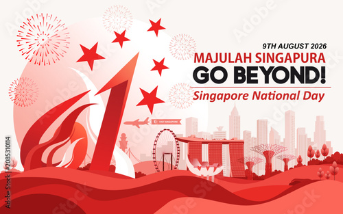 Bild auf Leinwand Majulah Singapura Go Beyond Singapore National Day 2026 Vector Illustration Banner with Iconic Skyline and Dynamic 61st Symbol