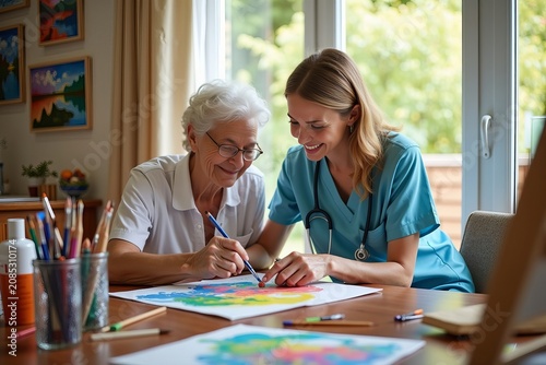 Warm, Sun-Drenched Studio: A Caregiver and Senior Bonding Over a Colorful Painting Session, Surrounded by Art Supplies and Completed Creations