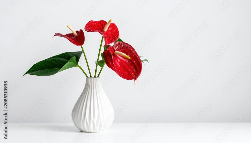 Obraz premium Vase with anthurium flowers on white background, elegant floral decoration and home styling