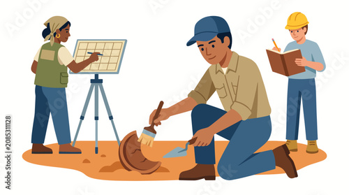 Foto Archaeologists work together at an excavation site to carefully uncover and document historical artifacts buried deep within the ground