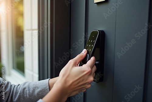 Detailed shot of a hand installing a modern smart lock keypad on a chic front door, highlighting the fusion of technology and contemporary home design.