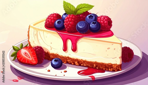 Delicious 2D Cartoon Slice of Cheesecake with Berries