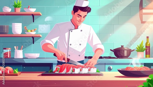 Skillful Sushi Chef Slicing Fish in Colorful Kitchen Illustration