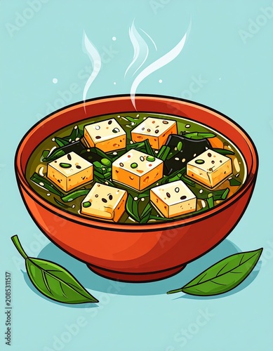 Warm Miso Soup with Tofu and Seaweed Illustration