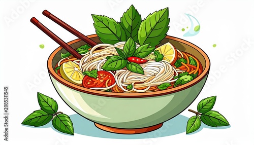 Warm Bowl of Pho with Fresh Herbs and Flavorful Ingredients