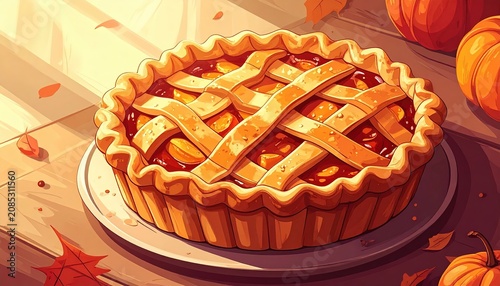 Warm Lattice Crust Pie Illustration in Autumn Setting