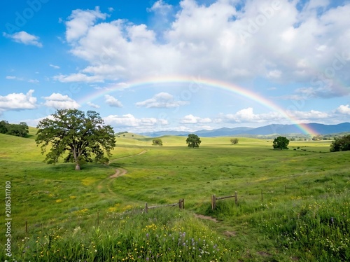 Rainbow over green rolling hills and oak trees