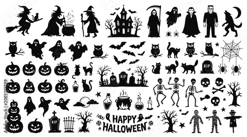 Halloween silhouette collection with witches, ghosts, pumpkins, and monsters