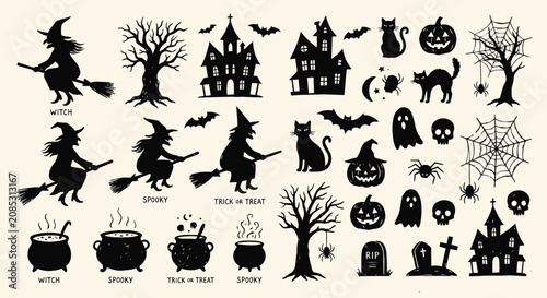 Halloween silhouette set with witches, haunted houses, pumpkins, and spooky