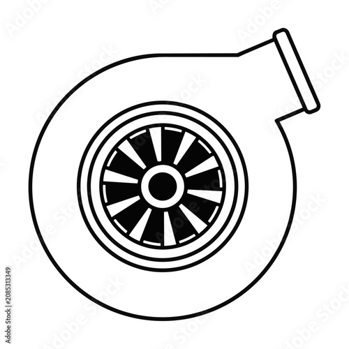 Automotive turbocharger engine part with turbine blades and circular housing on a white background, minimal mechanical engineering concept