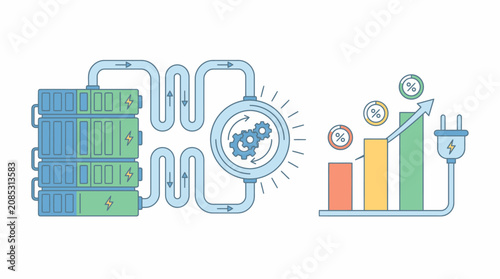Battery array demonstrates energy cycling performance with a rising percentage bar and power connector.