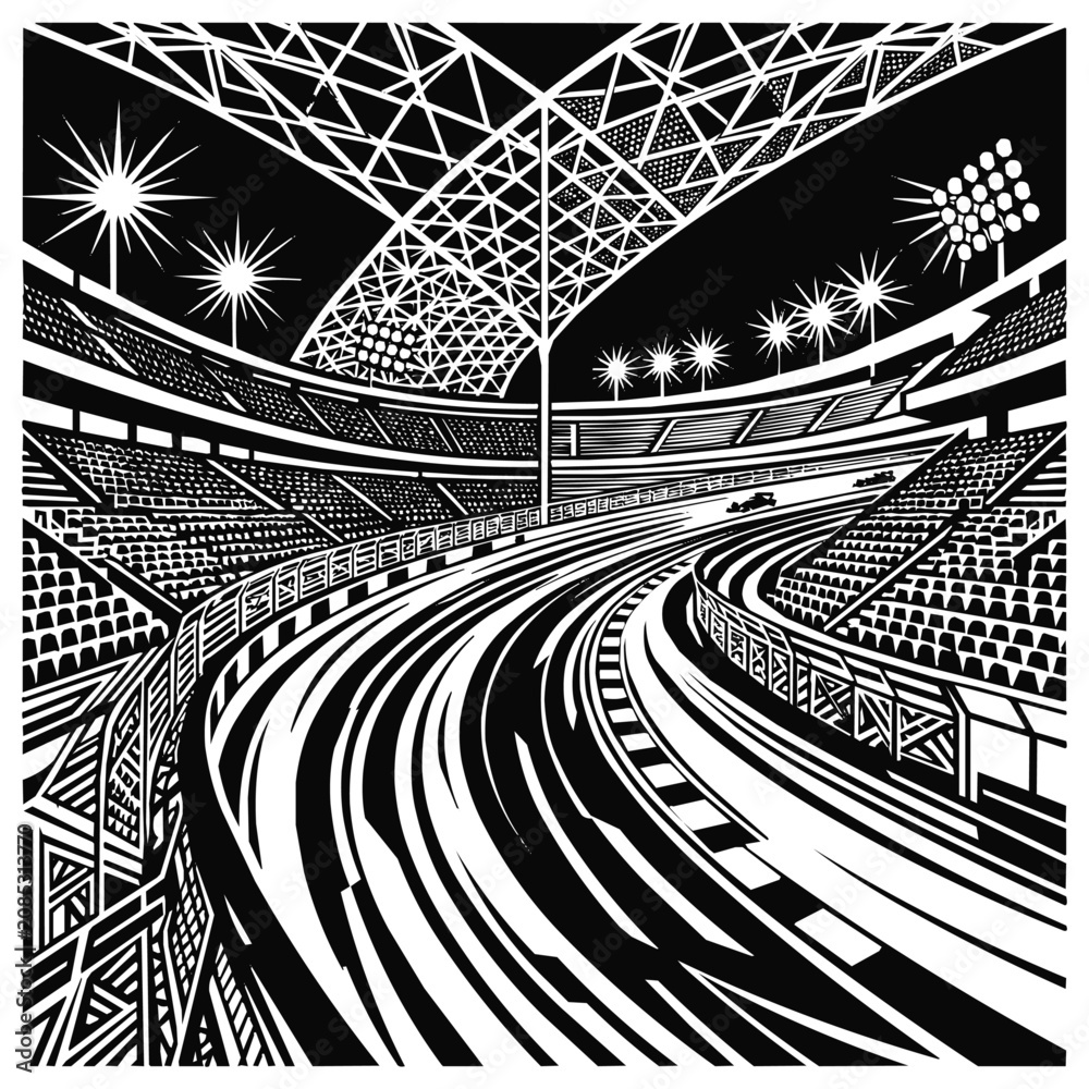 Obraz premium Black and white race track inside a grand stadium for motorsport events, featuring a curved speedway and grandstand seats under bright floodlights