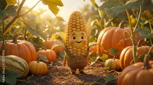 Cute cartoon corn character standing among fresh pumpkins inside sunny autumn agricultural field