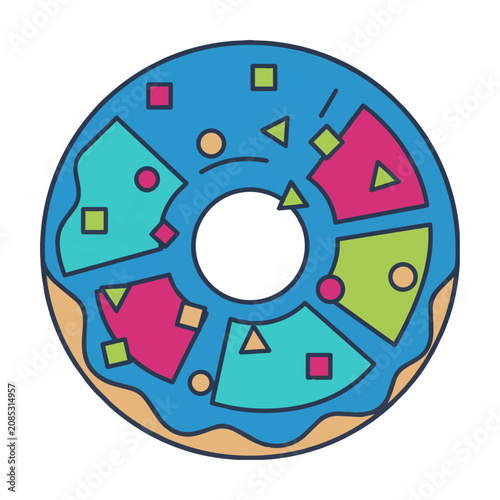 Whimsical donut with vibrant blue icing and colorful sprinkles on a clean white background, minimalist food design concept