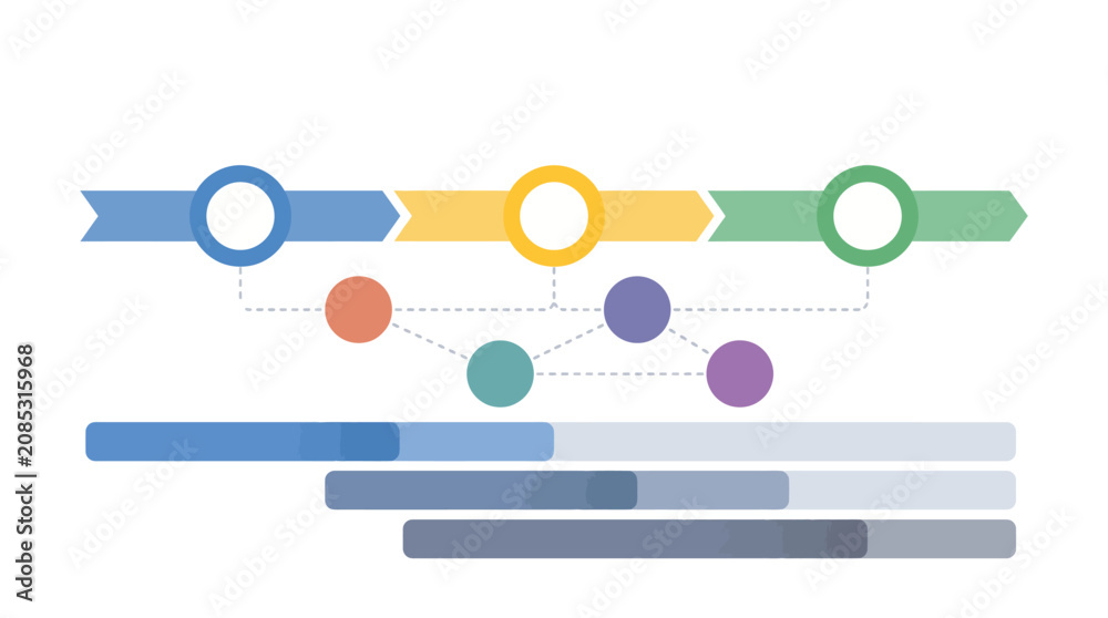Obraz premium Timeline infographic displays a sequence of connected events using horizontal progress bars and nodes.