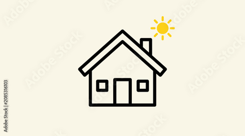 A simple line drawing of a house with a bright yellow sun icon above it
