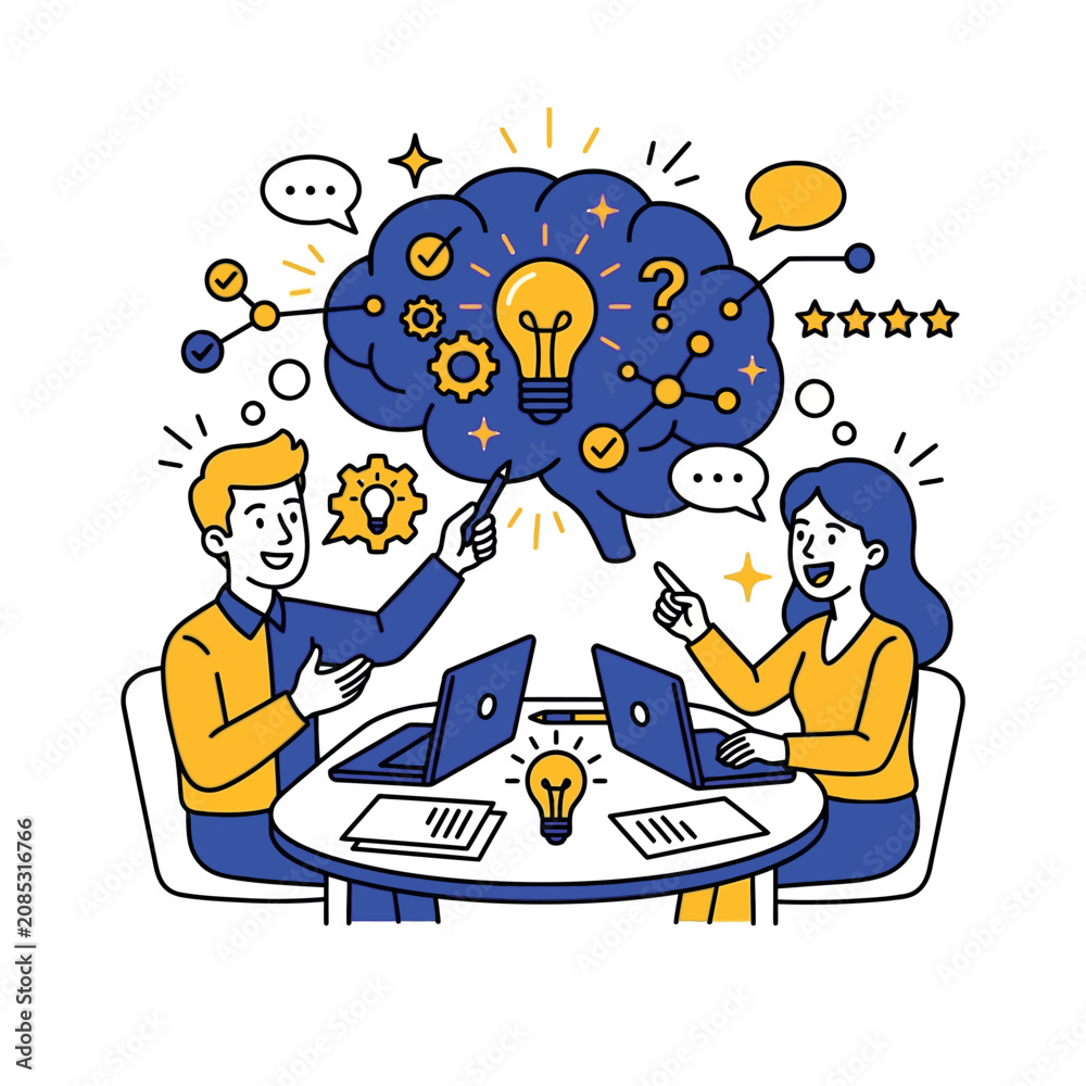 Fototapeta premium business team brainstorming creative ideas at a table with a glowing brain graphic symbolizing innovative problem-solving and intellectual growth.