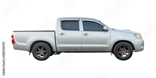 Right side view of clean silver or bronze pickup truck isolated with clipping path in png file format