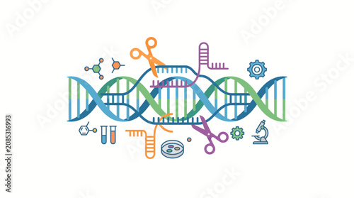 DNA strand modification is depicted with laboratory tools illustrating complex genomic editing research processes.