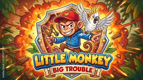 Little monkey big trouble game logo featuring mischievous primate with banana cap and slingshot amidst tropical jungle leaves and large explosion.