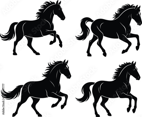 Canvastavla Galloping horse silhouette vector illustration set, wild stallions trotting side