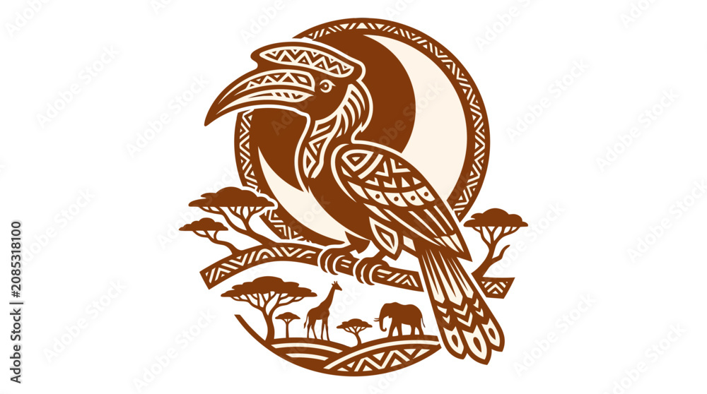 Fototapeta premium Artistic hornbill bird illustration with African landscape background.