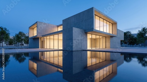 Modern concrete house architecture with large glass windows and reflection pool at twilight, luxury residential building exterior, minimalist design, evening blue hour sky