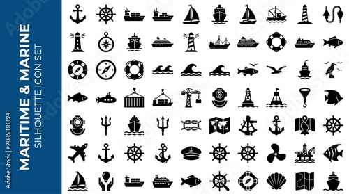 Comprehensive Maritime and Marine Silhouette Icon Set Featuring Nautical Shipping Vessels Ocean Logistic Transport Graphic Elements Isolated on White Background for Professional Design Work