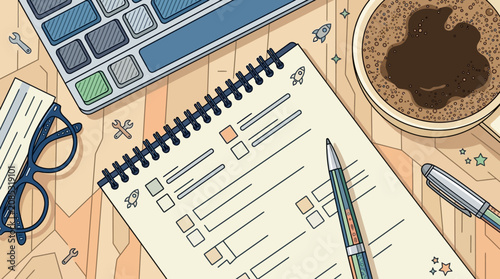 to-do list planning with coffee and keyboard concept of productivity and goal setting