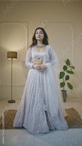 Young South Asian woman with wavy dark brown hair and soft glam bridal makeup, wearing a pale silver-grey heavily sequined and embroidered crop-top blouse with matching flared lehenga 
