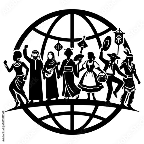 cultural diversity global community and multicultural people celebrating unity in traditional costumes on a world globe.