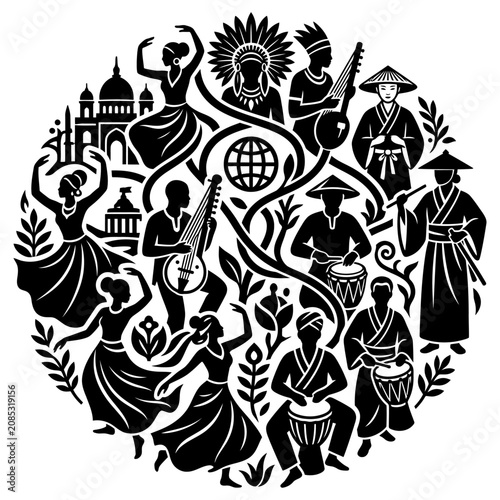 cultural diversity global community and traditional dance showcased by diverse people celebrating world music and heritage.