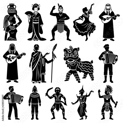 cultural diversity of people in traditional costumes and folk dance attire performing music and activities representing global heritage.