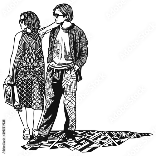 Trendy couple in fashion forward outfits and stylish sunglasses after a shopping trip, depicted with intricate black and white geometric pattern