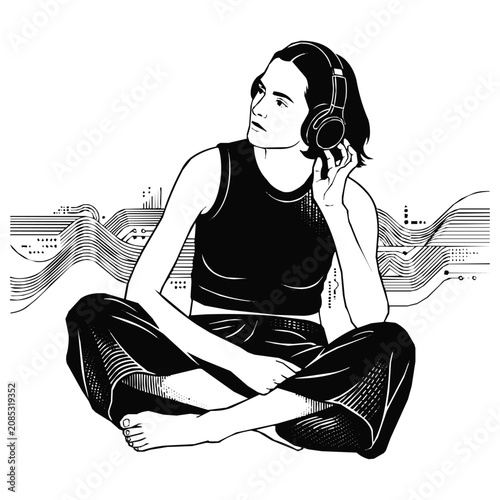 Artistic Illustration of a Young Woman Wearing Headphones Listening to Music and Audio with Abstract Digital Sound Waves Background