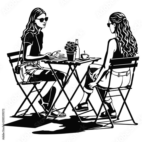 Two women enjoying a conversation at an outdoor cafe lifestyle scene, sitting at a bistro table in a high contrast black and white minimalist style
