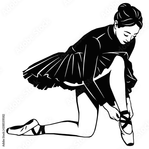 Elegant illustration of a graceful ballerina in a tutu kneeling to tie her ballet pointe shoes as a dancer preparing for a performance.
