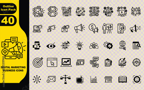 set of digital marketing and business icons. They are designed in a consistent, black-and-white linear style, suitable for presentations, web design, or infographics