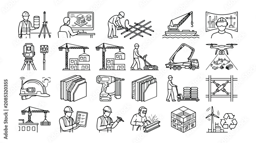 Fototapeta premium Construction and Engineering Line Icons Set. Industrial Building Process, Architecture, and Development Vector Collection. Modern Outline Symbols for Construction Industry, Real Estate