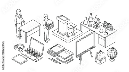 Cuadro en lienzo Isometric education and school supplies vector set, featuring students, teacher, classroom furniture, and learning tools