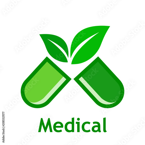 Logo medical. Medicina natural. Dibujo sencillo de una pastilla medicinal abierta por la mitad, de la que asoman hojas de planta en color verde