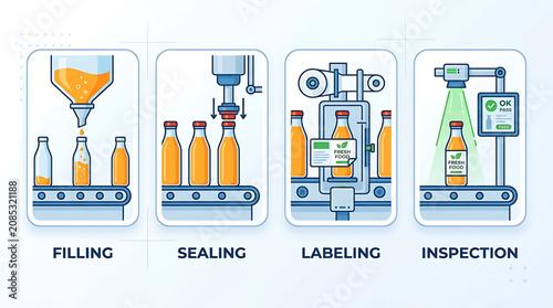 Manufacturing process of bottled drinks on production line with filling, sealing, labeling, and inspection